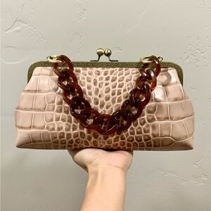 Handmade Genuine Leather Croc-Embossed Kisslock Clutch/Wristlet/Crossbody